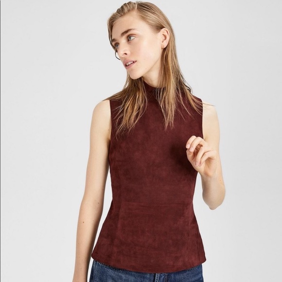 THEORY Chili Red Eulia Suede Ponte Mock Top - Picture 1 of 9